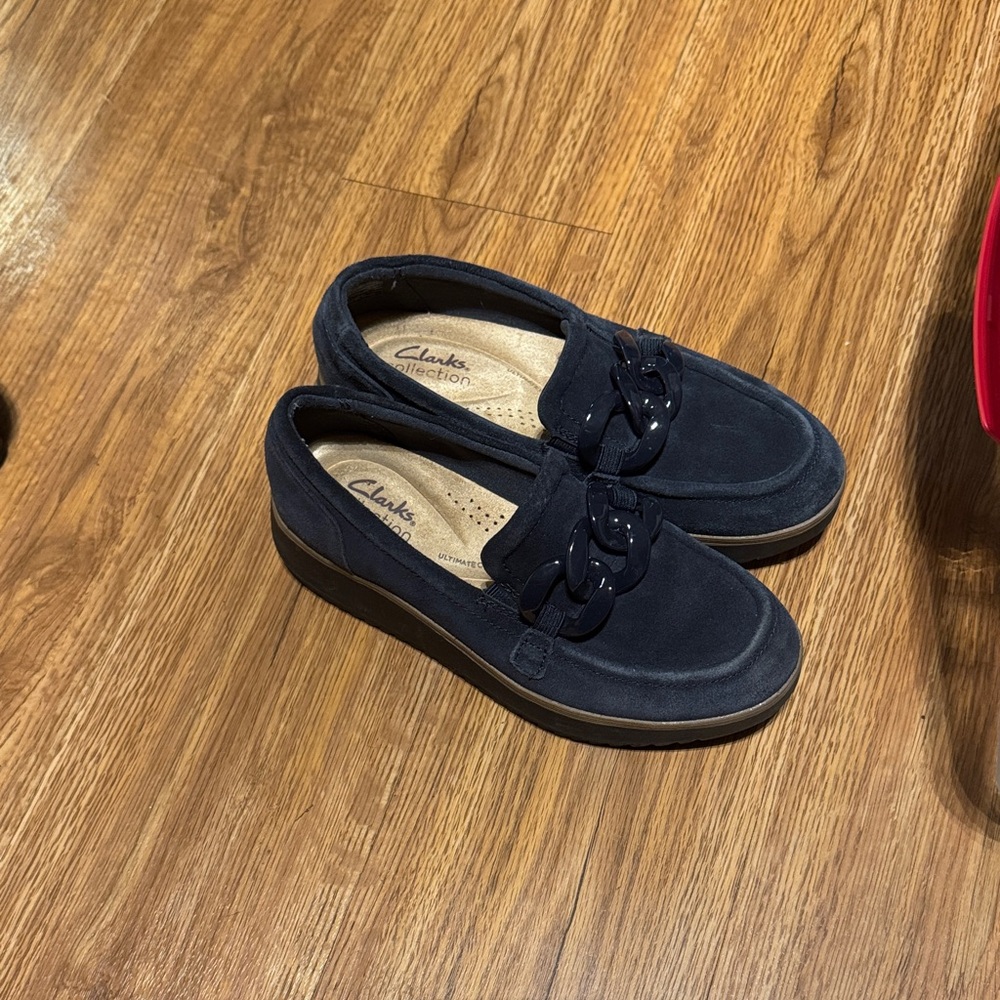 Clarks Women’s Navy Loafers with Chain Detail
